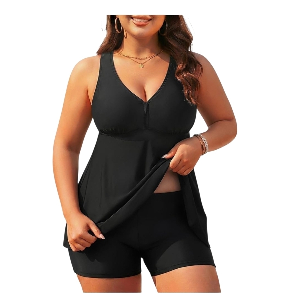 AQUA EVE - 22W Black V-Neck Tankini  2 Piece Swimsuit - Picture 3 of 13
